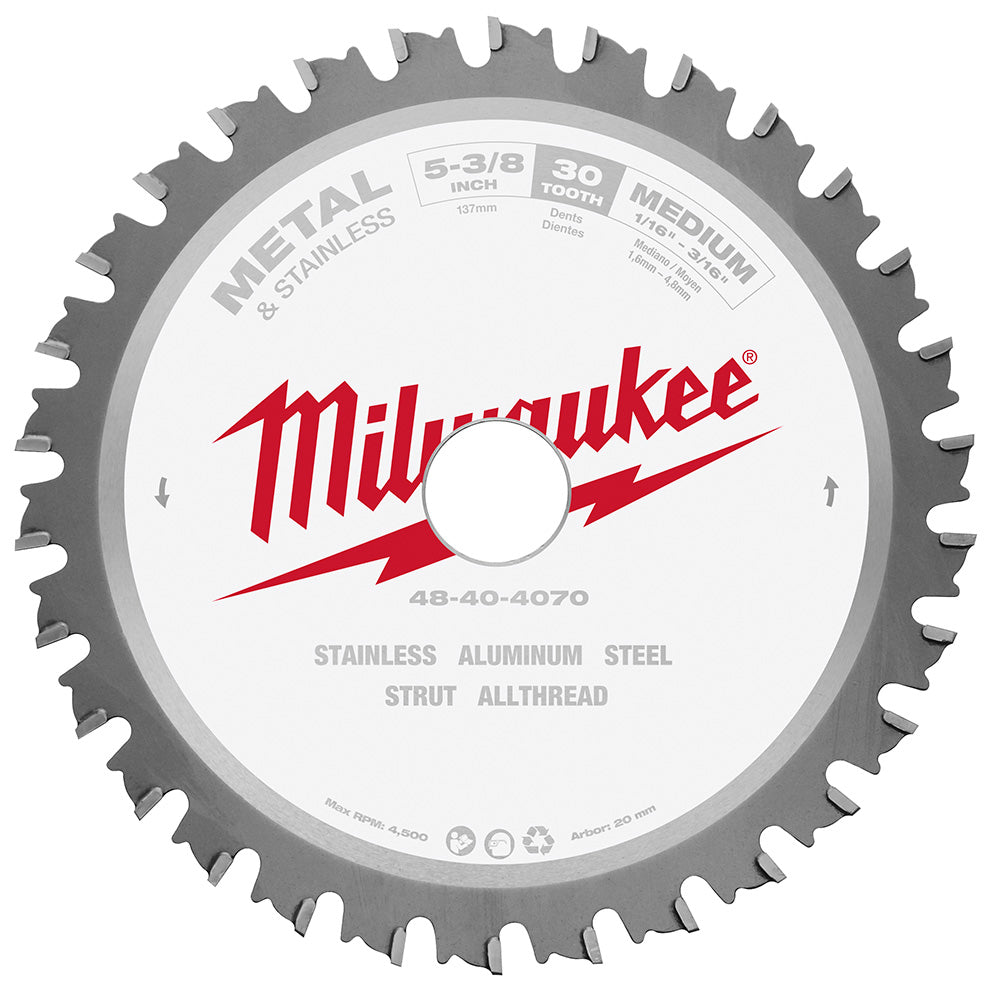 Milwaukee 5-3/8 inch circular saw blade with 30 teeth for cutting stainless aluminum steel.