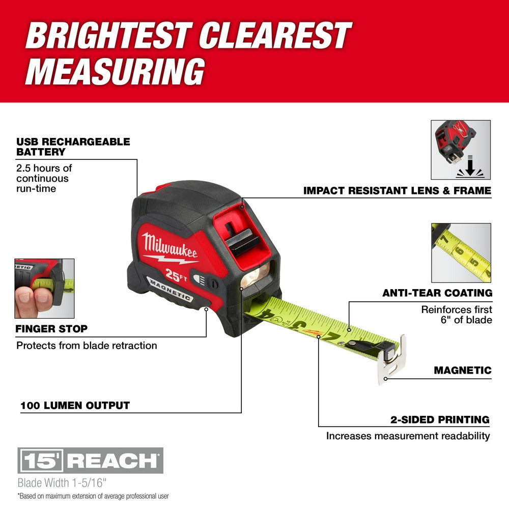 Milwaukee 48-22-0428 25ft Compact Wide Blade Magnetic Tape Measure with Rechargeable 100 Lumen Light