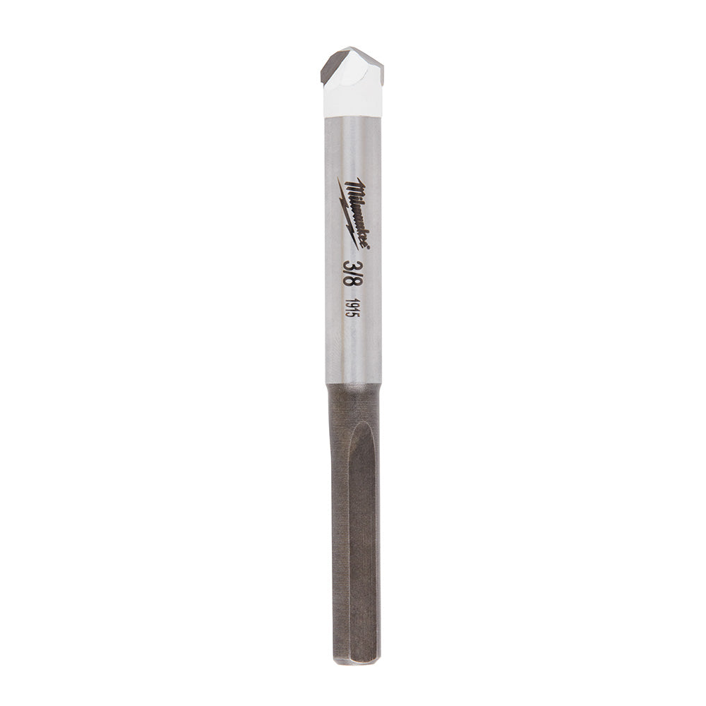 Milwaukee 3/8 inch tile and stone drill bit with gray shaft, white upper section, and carbide tip.