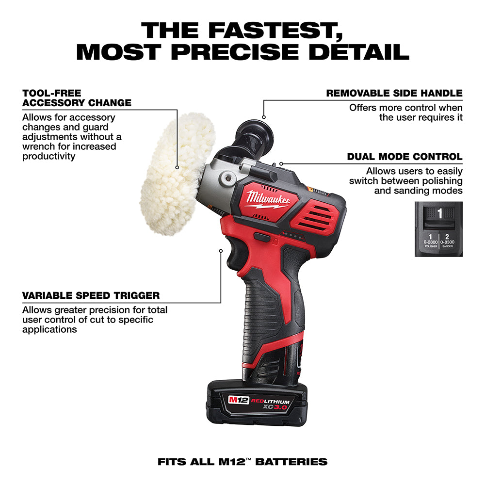 Milwaukee M12 cordless polisher/sander with red and black body, removable side handle, dual mode control, variable speed trig
