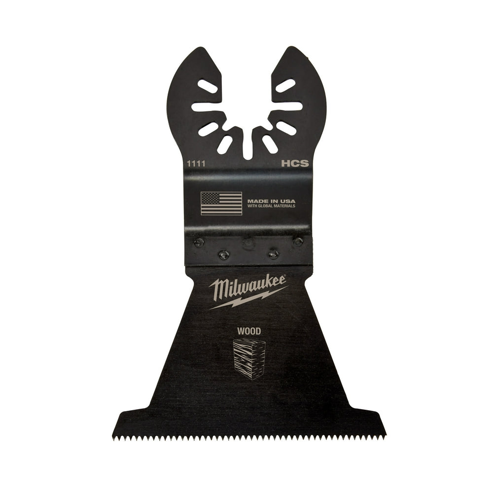 Milwaukee OPEN-LOK 1-3/8" HCS wood cutting blade with serrated edge and quick-change connector system.