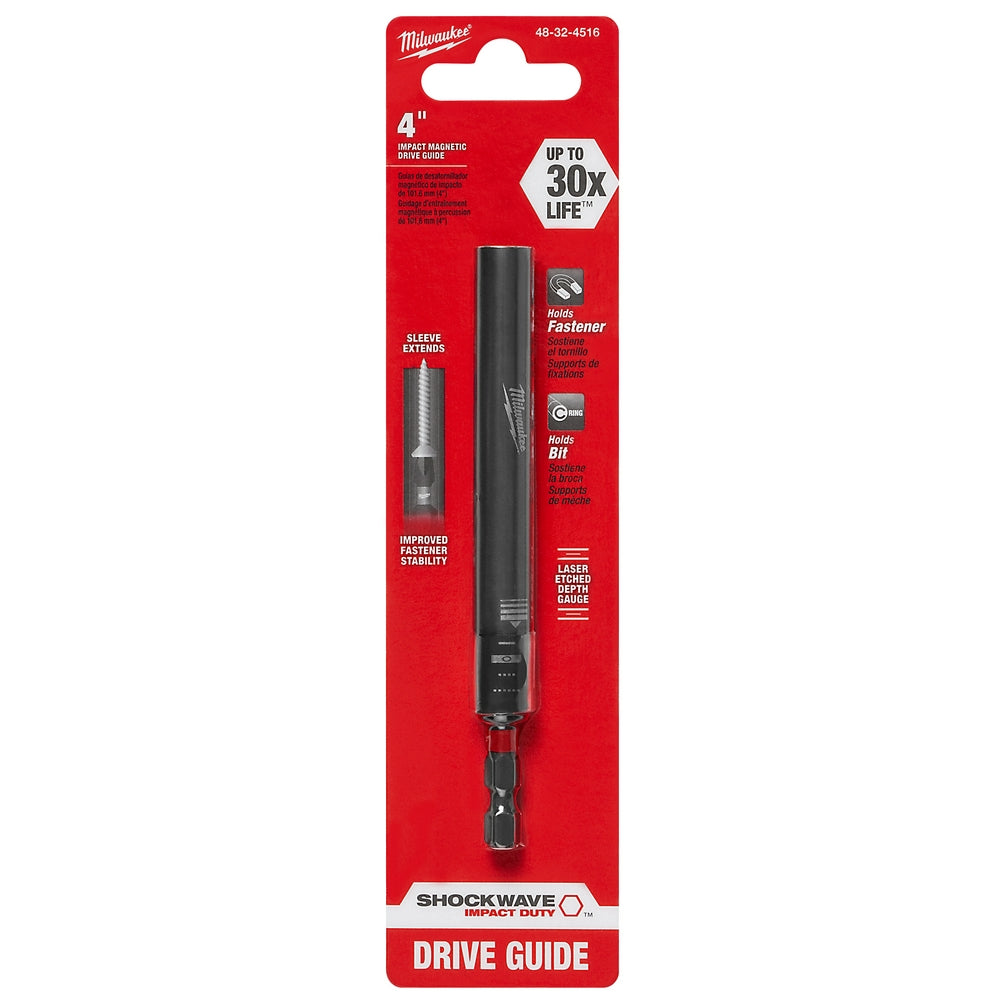 Milwaukee Shockwave 4-inch black impact magnetic drive guide with sleeve extension on red packaging.
