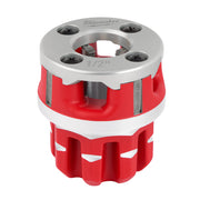 Milwaukee 1/2" NPT pipe threading die head with aluminum and red polymer construction, four mounting holes on top.
