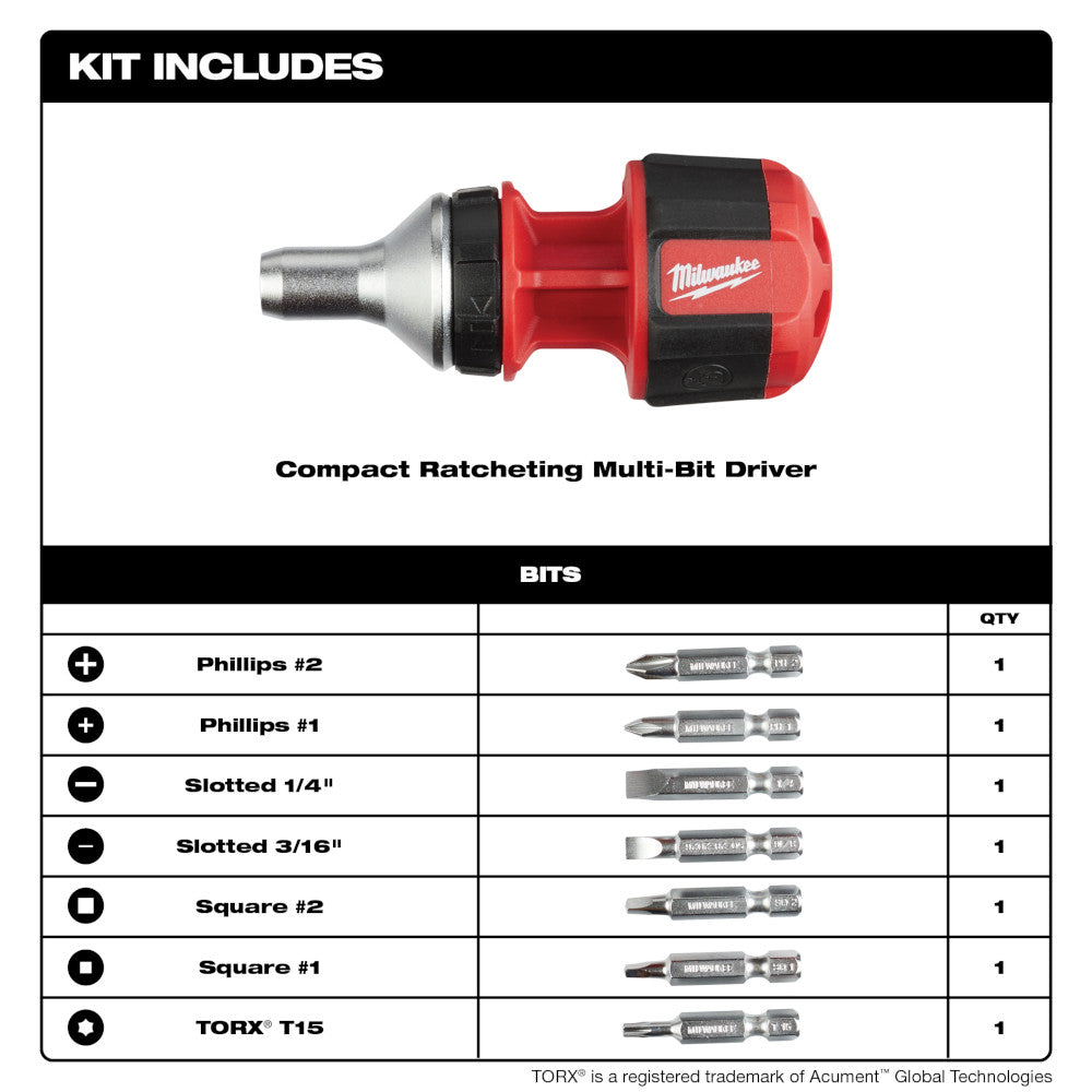 Red and black compact ratcheting multi-bit driver with silver bit tip and seven interchangeable bits including Phillips, slot