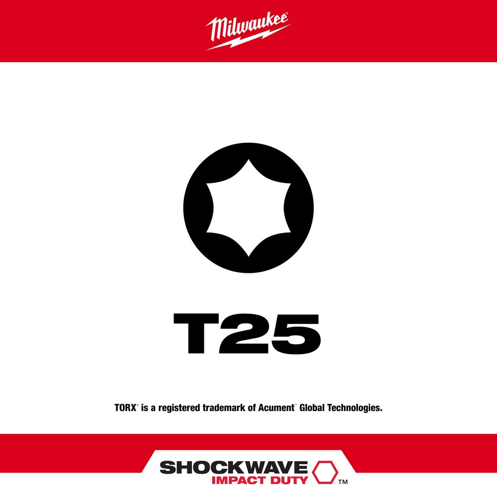 Torx T25 star-shaped bit head with six-point design on white background with Milwaukee branding.