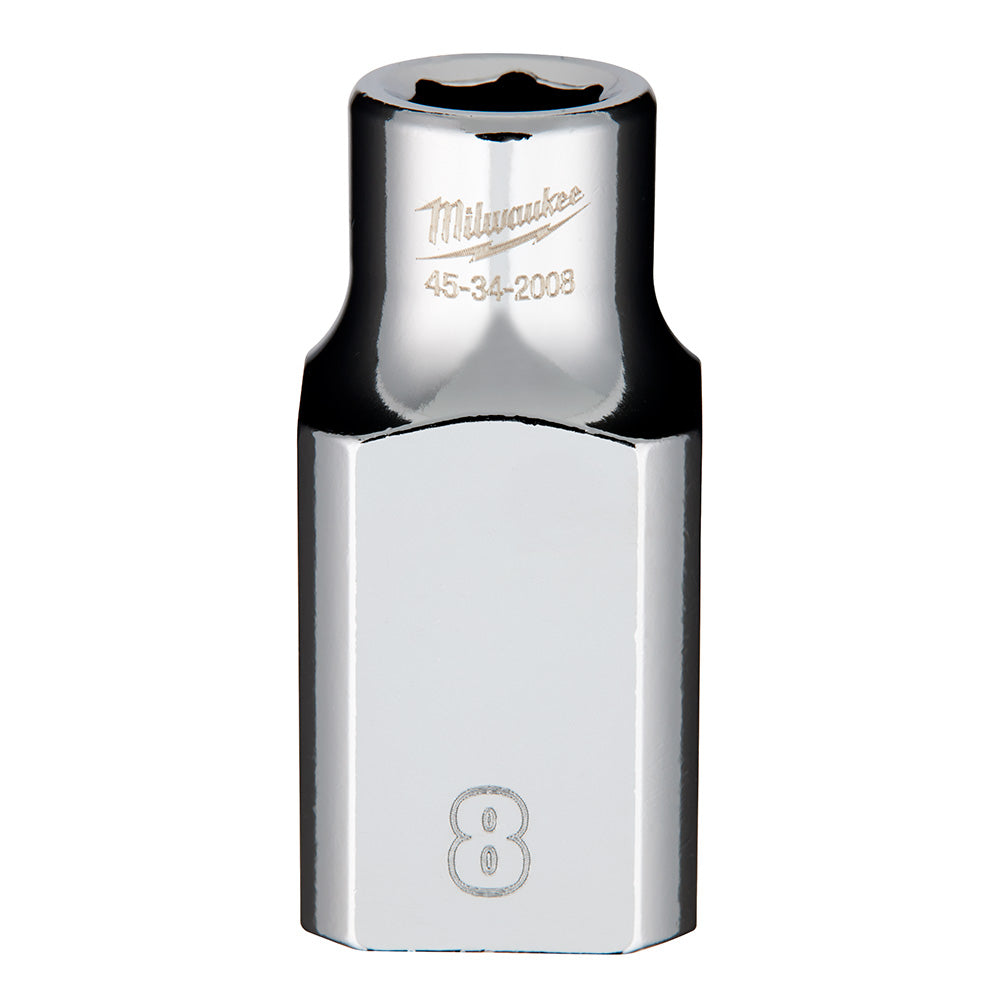Milwaukee 1/2" drive chrome socket with 8mm opening and model number engraved on top.