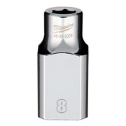 Milwaukee 1/2" drive chrome socket with 8mm opening and model number engraved on top.