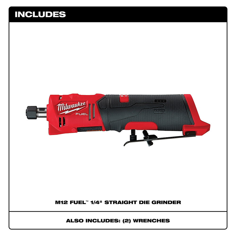Red and black Milwaukee M12 FUEL straight die grinder with two wrenches displayed horizontally.