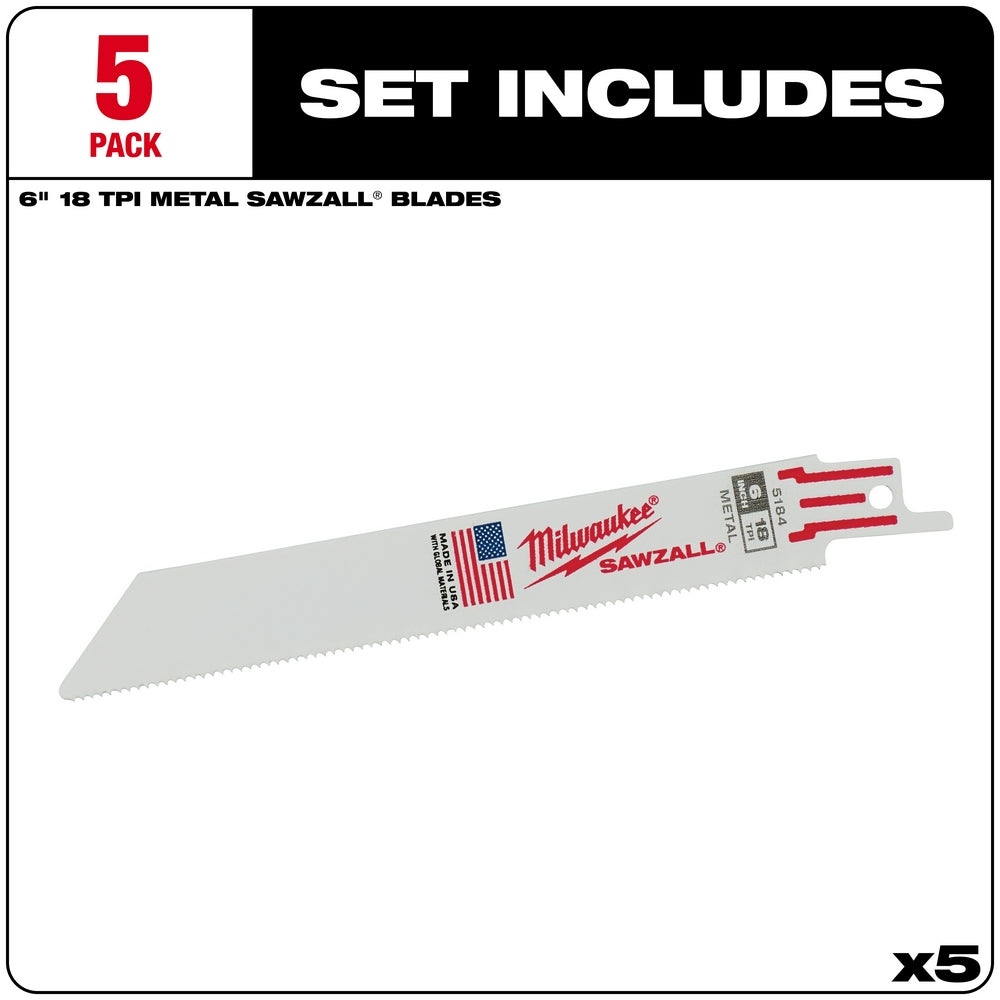 Milwaukee 6-inch 18 TPI metal cutting sawzall blades, five-pack with red and white handles.