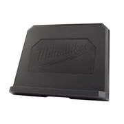 Black plastic tablet mount stand with Milwaukee logo embossed on front face and angled support base.