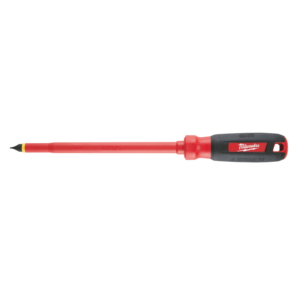 Red and black Milwaukee insulated screwdriver with slotted tip and rubber grip handle.