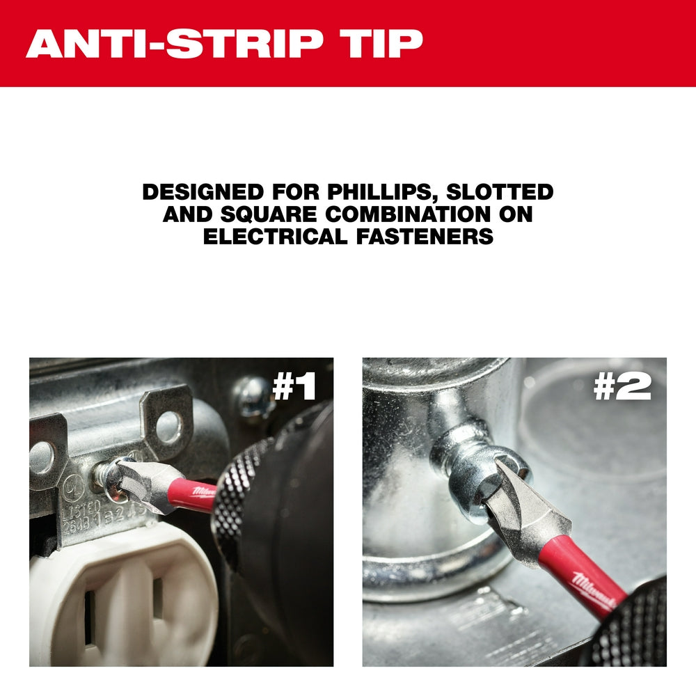 Two red and black power bits with anti-strip tips demonstrated driving into Phillips and slotted screw heads on electrical ou