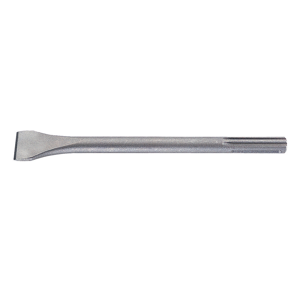 Gray steel SDS-Max flat chisel with wide blade and tapered shaft for demolition work.