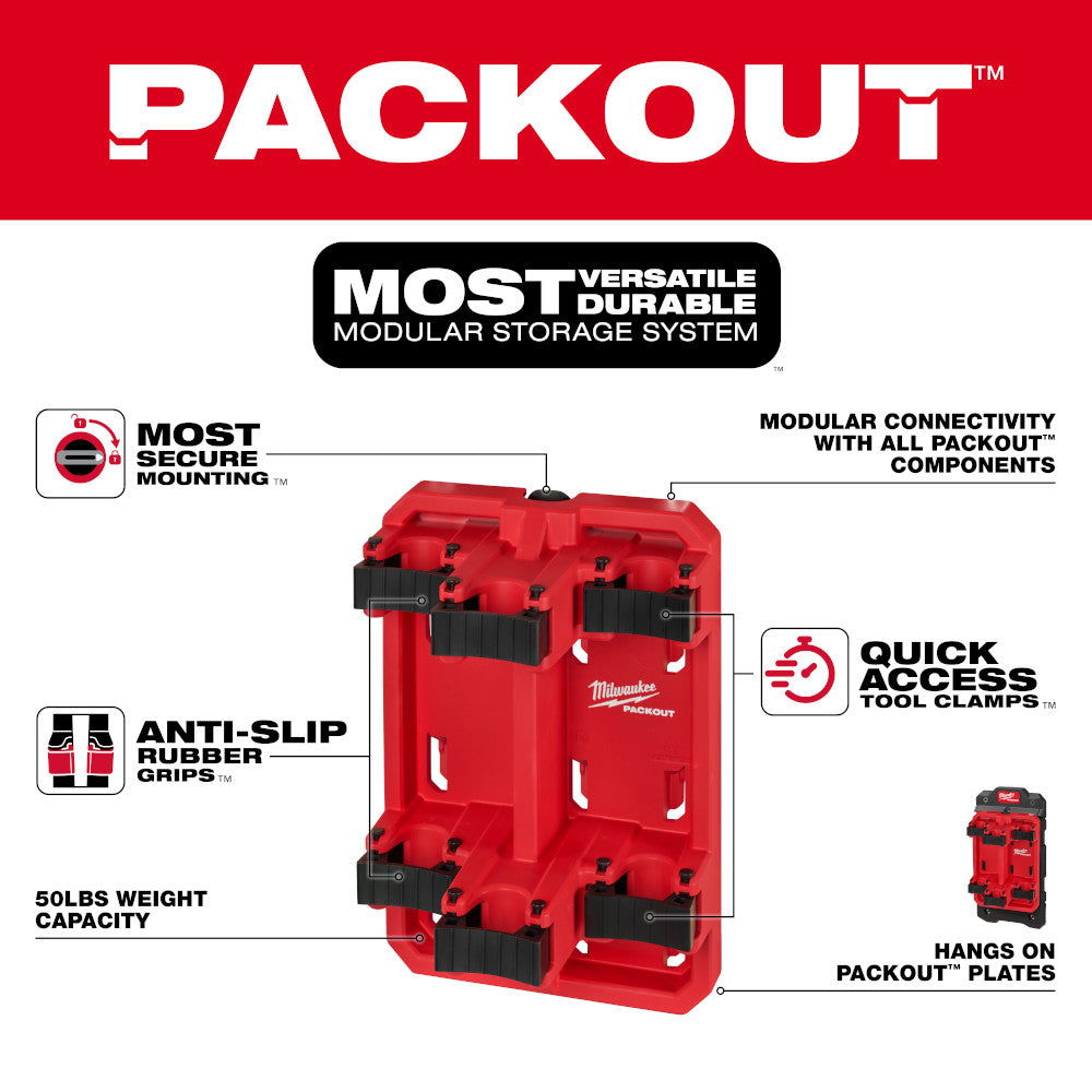 Red Milwaukee PACKOUT long handle tool rack with black rubber grips, multiple tool clamps, and mounting points for modular co