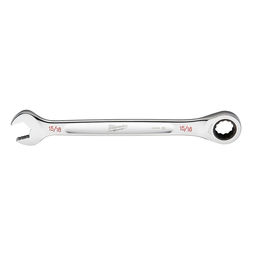 Silver ratcheting combination wrench with open end on left and round ratchet head on right, marked 15/16 and 15/16.