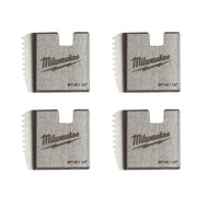 Four metallic pipe threading dies with Milwaukee branding and NPT HS 1 1/2" markings, each with serrated cutting edges.