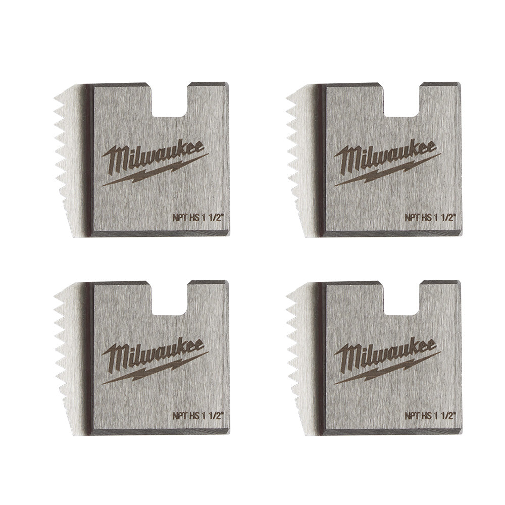 Four metallic pipe threading dies with Milwaukee branding and NPT HS 1 1/2" markings, each with serrated cutting edges.