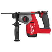 Red and black Milwaukee M18 FUEL rotary hammer with SDS Plus chuck and grip handle, shown from side angle.