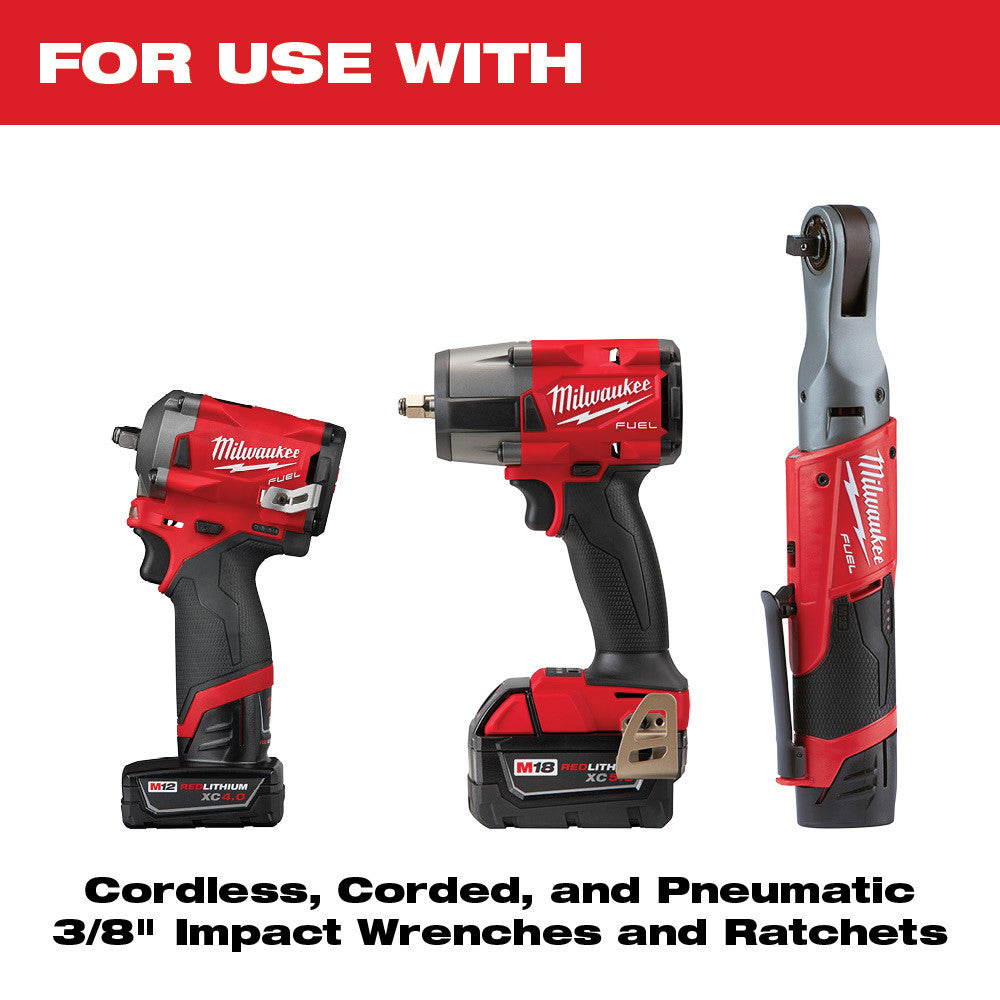 Three Milwaukee red and black impact wrenches and ratchets with 3/8" drive compatible with cordless, corded, and pneumatic mo
