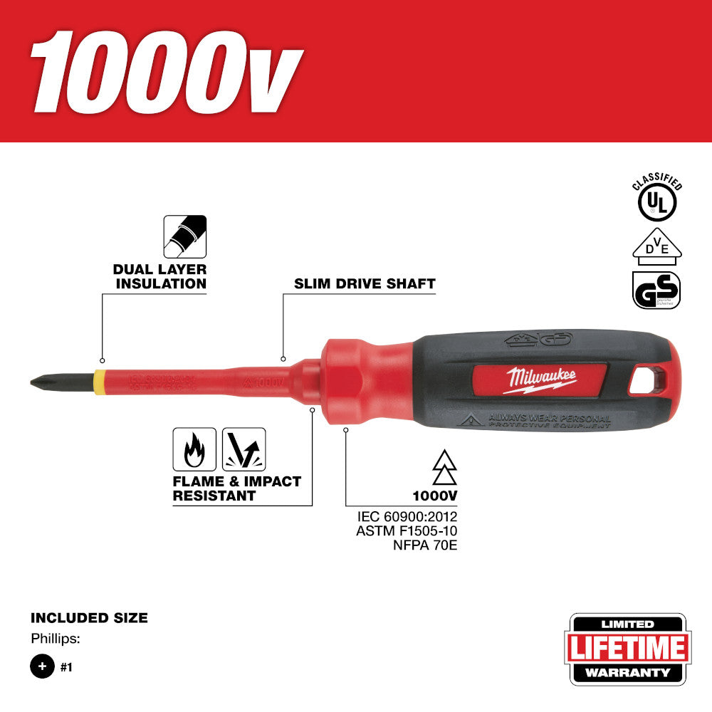 Red and black Milwaukee #1 Phillips insulated screwdriver with dual layer insulation and slim drive shaft, rated for 1000V.
