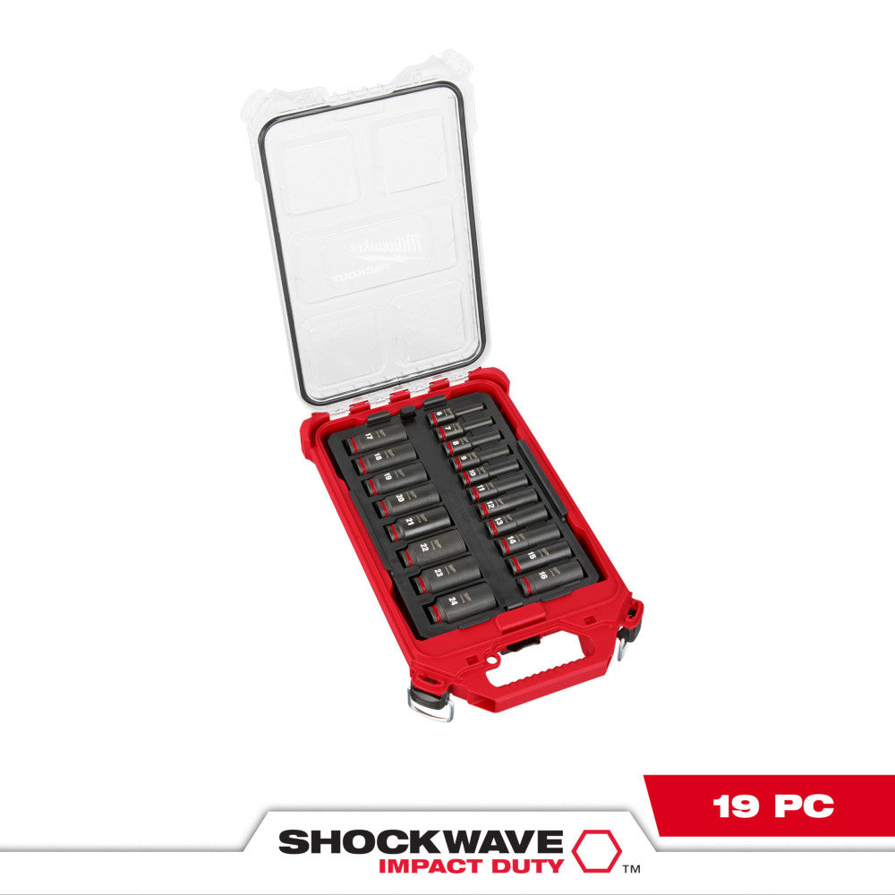 Red PACKOUT case with clear lid containing 19 black metric sockets arranged in two columns.