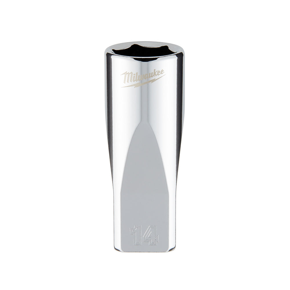 Milwaukee 14mm metric 6-point deep socket with 1/4 in. drive, polished chrome finish.
