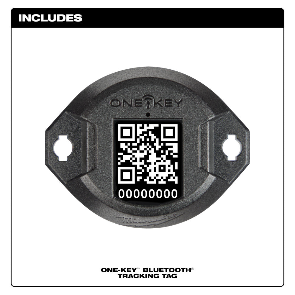 Dark gray ONE-KEY Bluetooth tracking tag with QR code and serial number, featuring two mounting holes on sides.