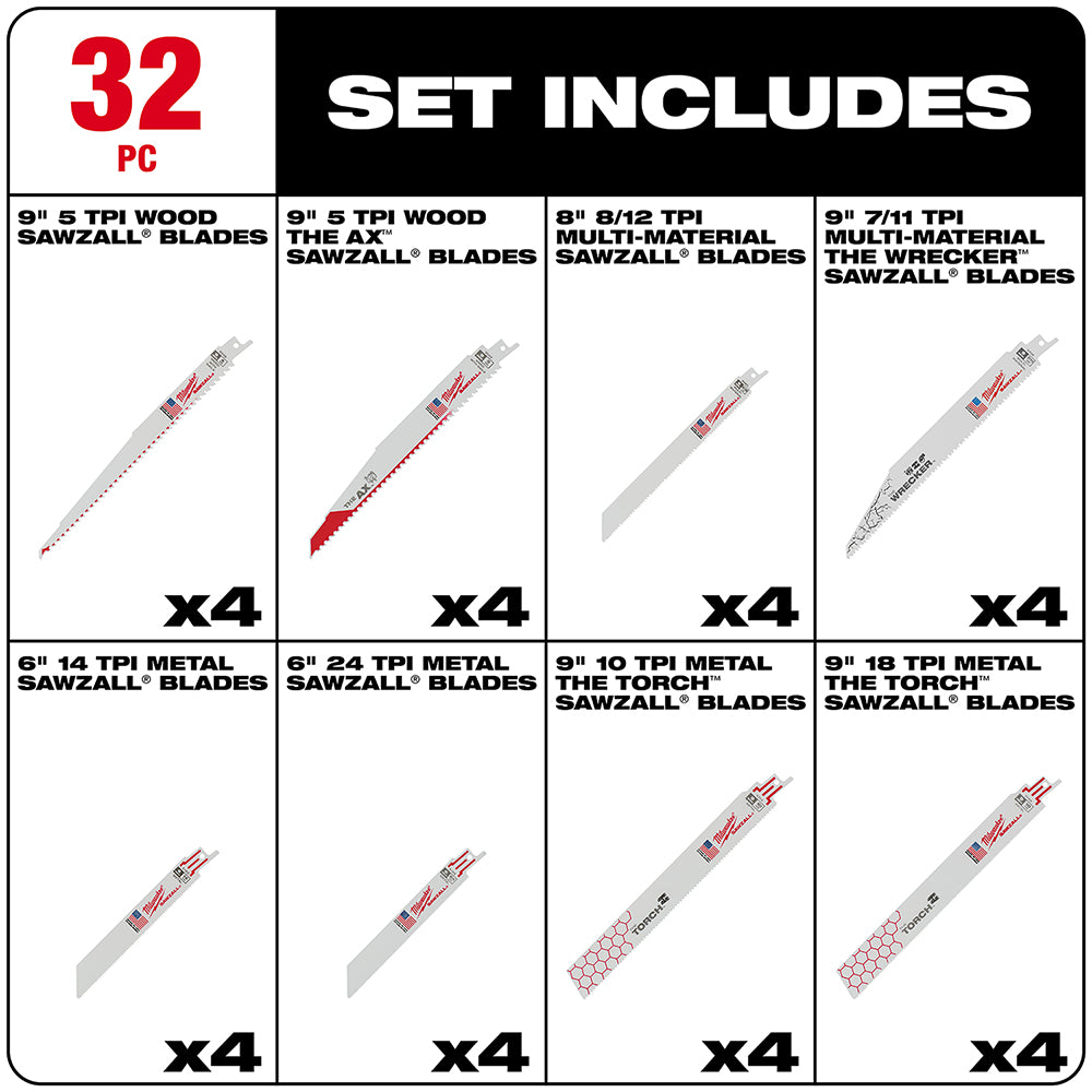 32-piece Milwaukee SAWZALL blade kit containing wood, multi-material, and metal cutting blades in various tooth configuration