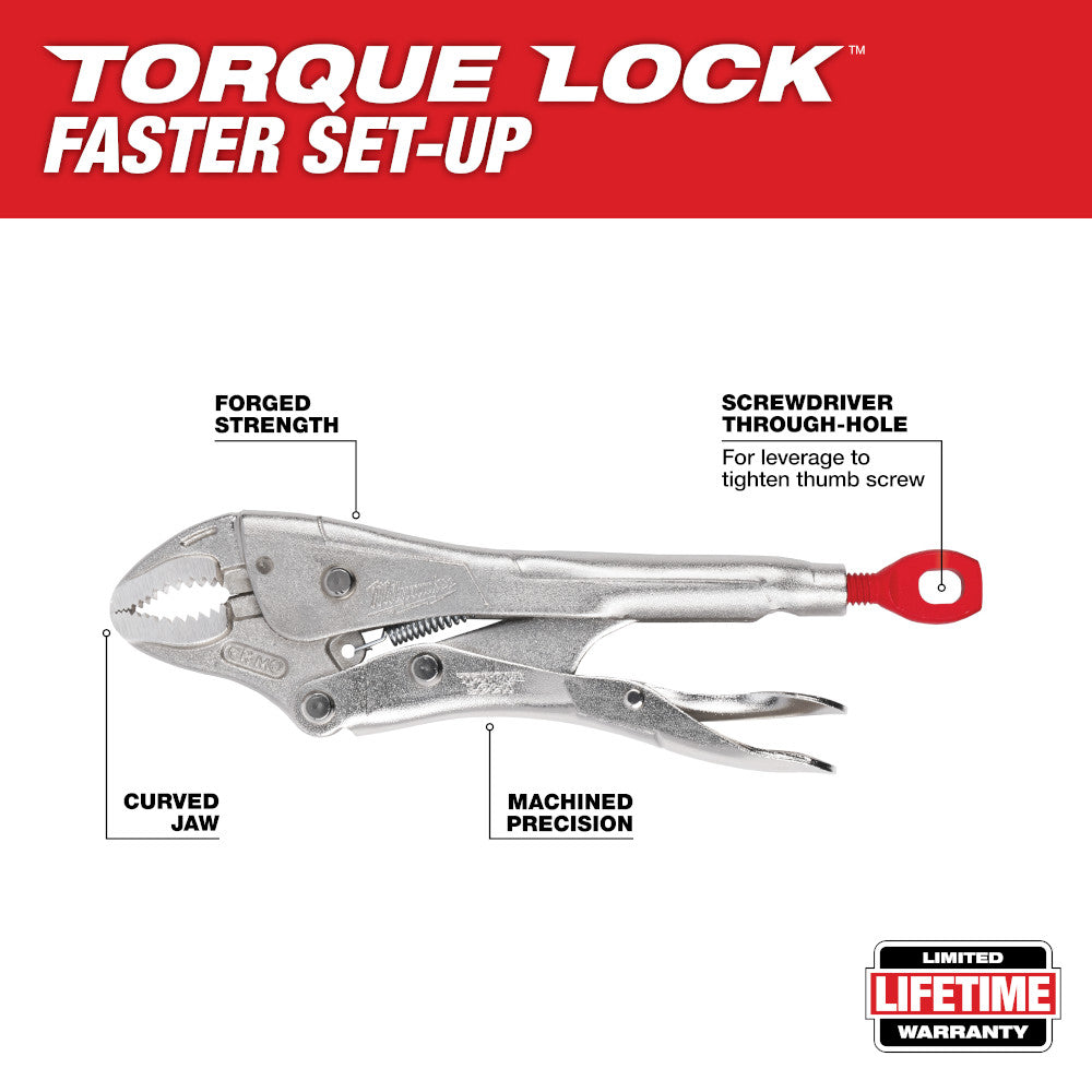 Milwaukee 7-inch curved jaw locking pliers with red thumb screw adjustment handle and labeled features.