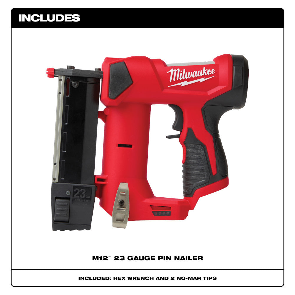 Red and black Milwaukee M12 pin nailer with black magazine, hex wrench, and two tips displayed.
