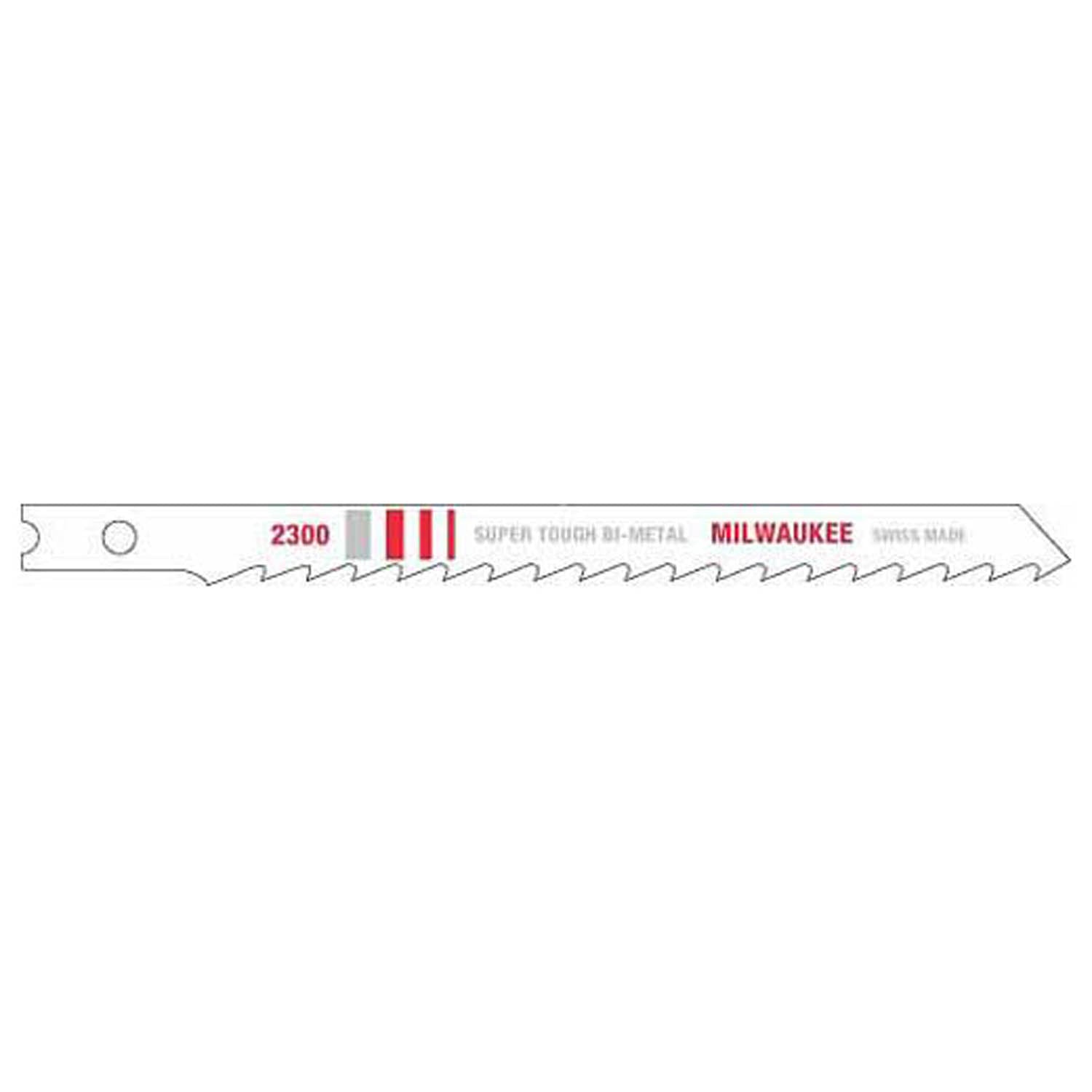 Milwaukee bi-metal jig saw blade with fine teeth and mounting hole on left end.