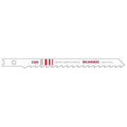 Milwaukee bi-metal jig saw blade with fine teeth and mounting hole on left end.