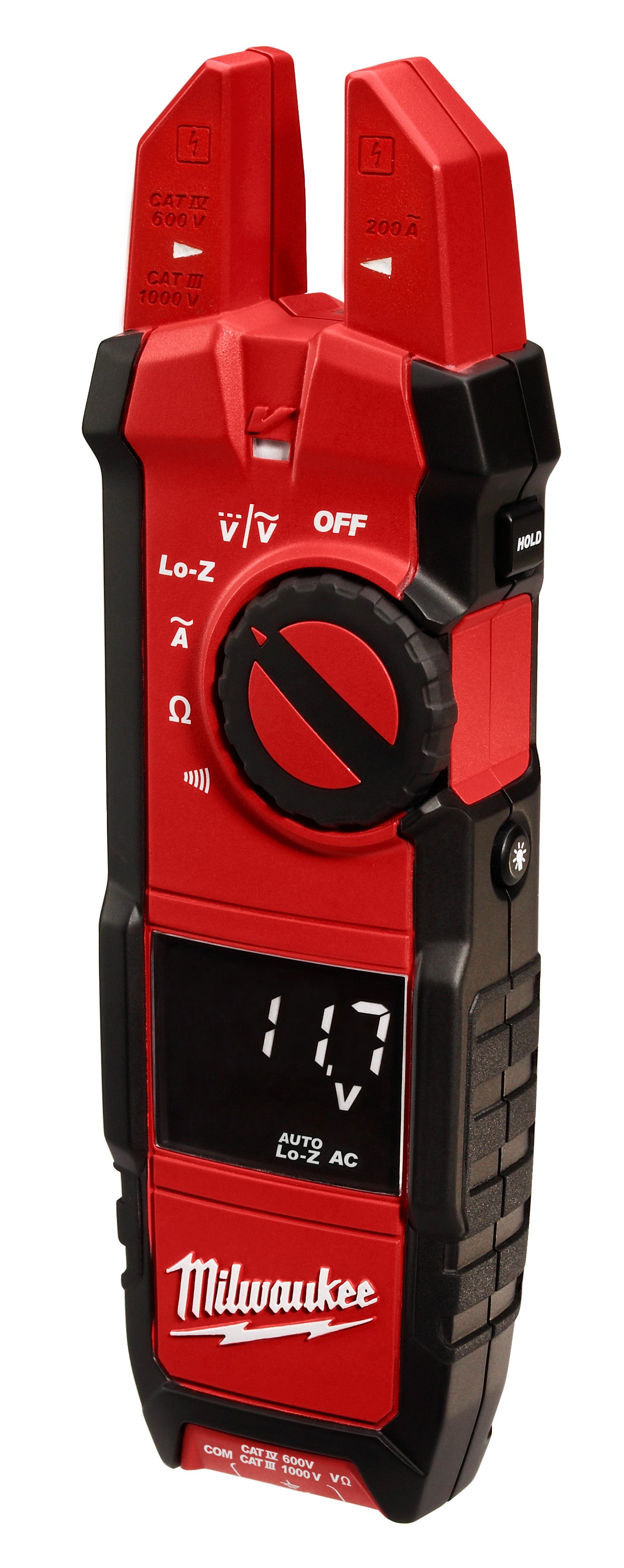 Red and black Milwaukee digital clamp meter with fold-out fork probes, digital display showing voltage, and measurement contr