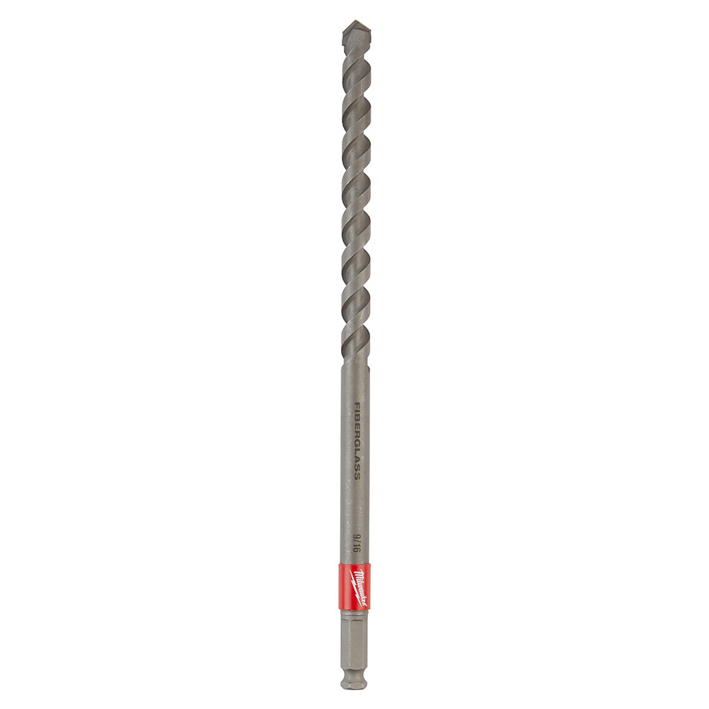 Milwaukee 9/16" x 12" Shockwave Impact Duty drill bit with gray flutes, red band, and hex shank.