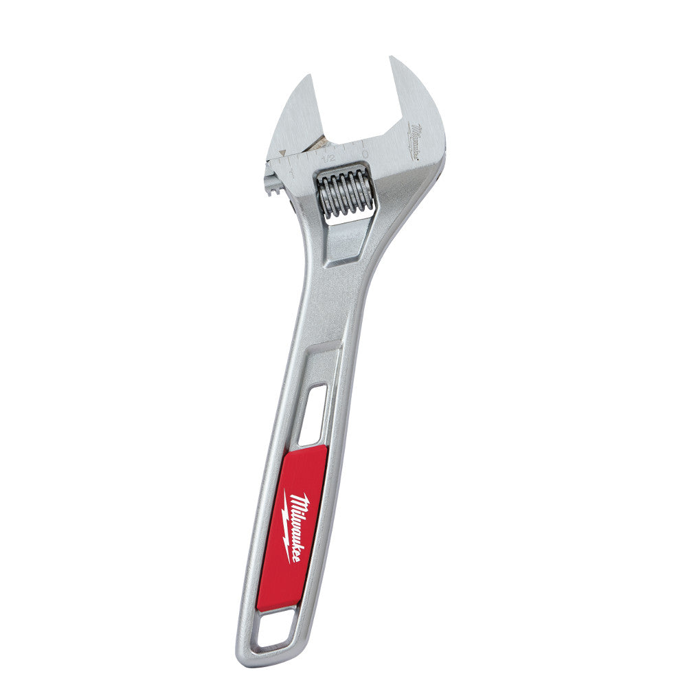 Silver adjustable wrench with red grip and adjustable jaw mechanism.