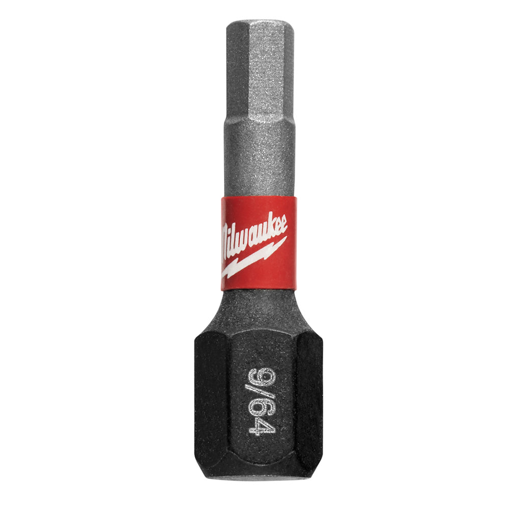 Milwaukee Shockwave Impact hex insert bit with red band and "49/64" marking on black shaft.