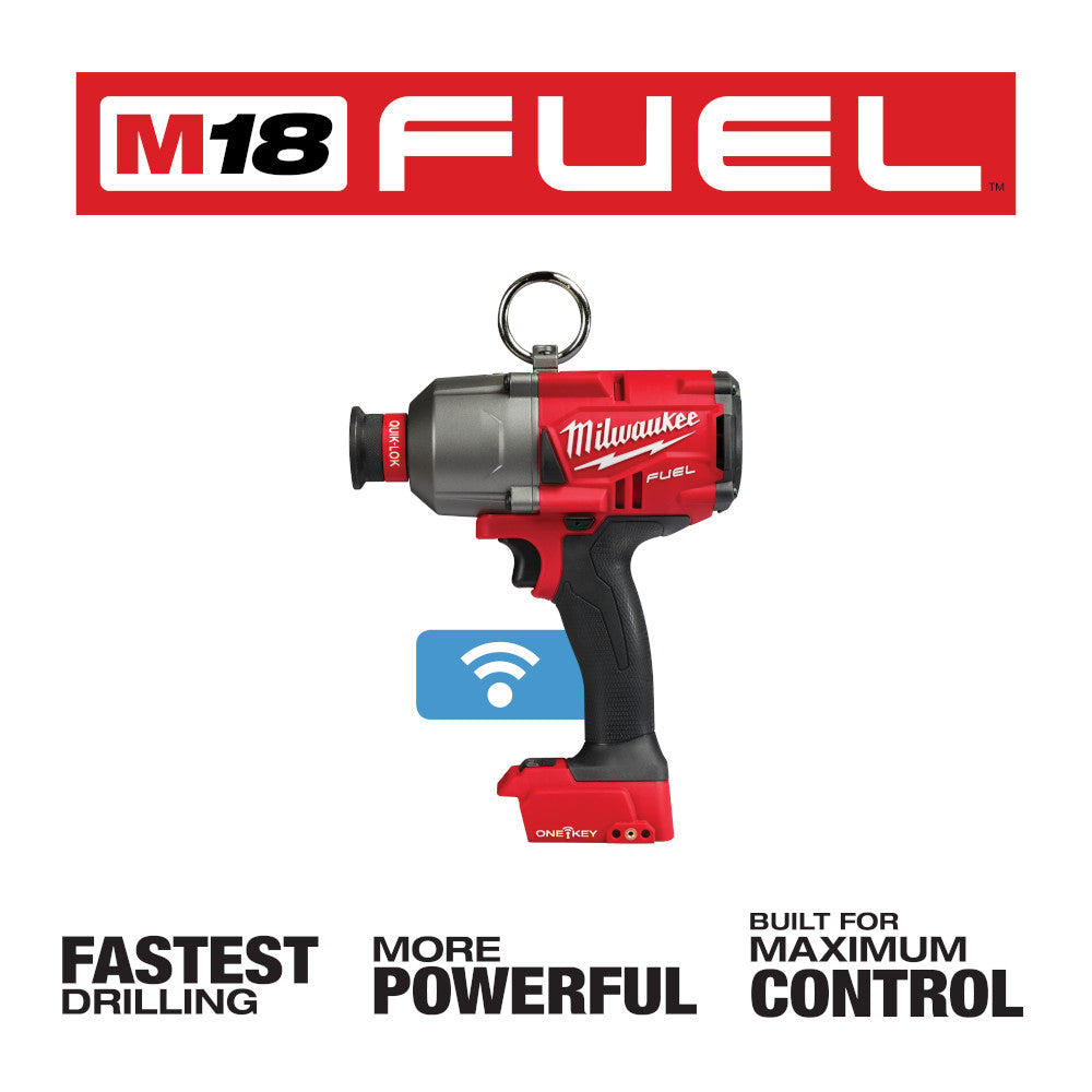 Milwaukee M18 FUEL red and black hex utility impact wrench with ONE-KEY wireless connectivity feature.