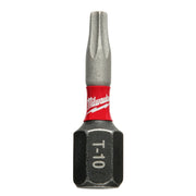 Milwaukee Shockwave T10 impact driver bit with gray metal shaft and red band on hexagonal black base.