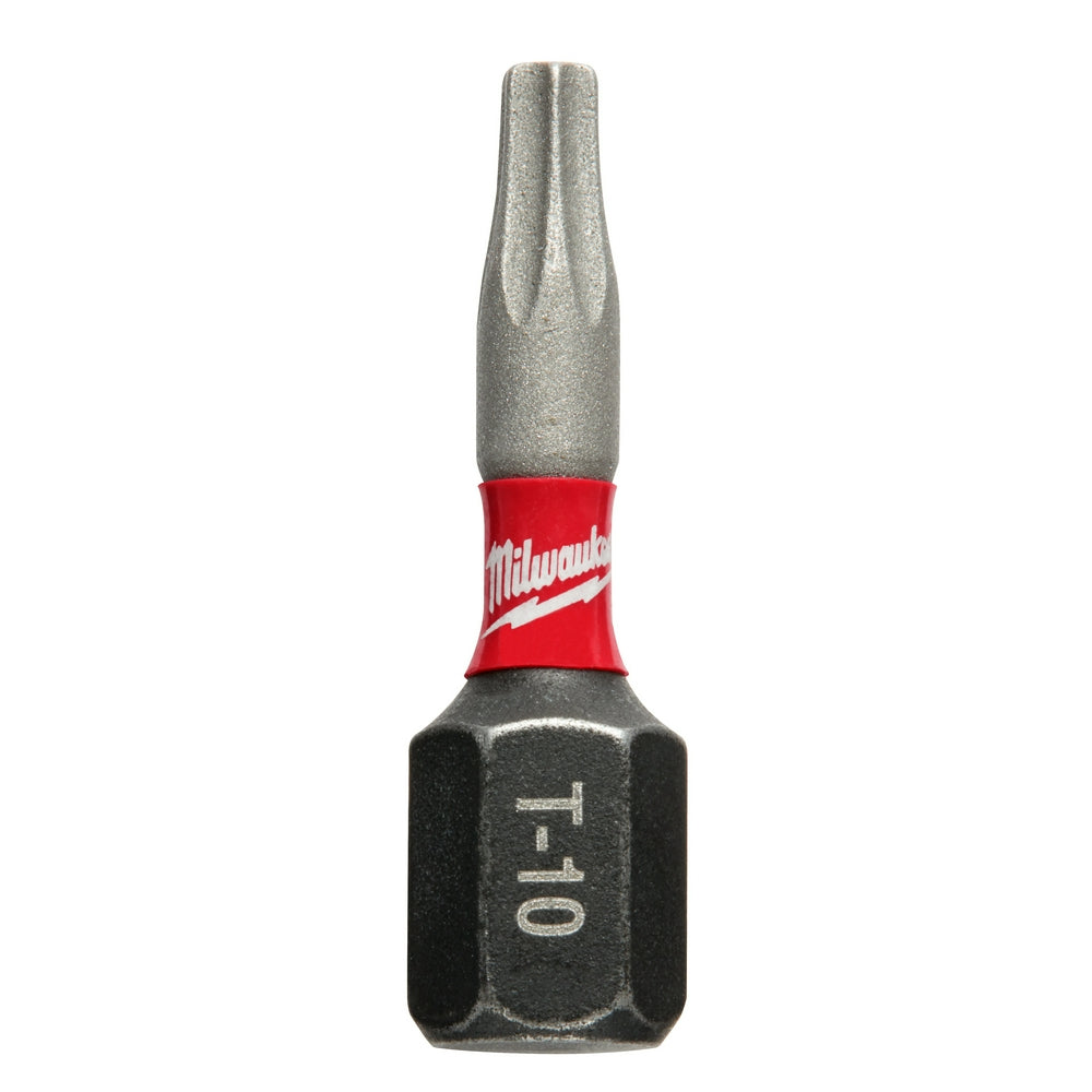 Milwaukee Shockwave T10 impact driver bit with gray metal shaft and red band on hexagonal black base.