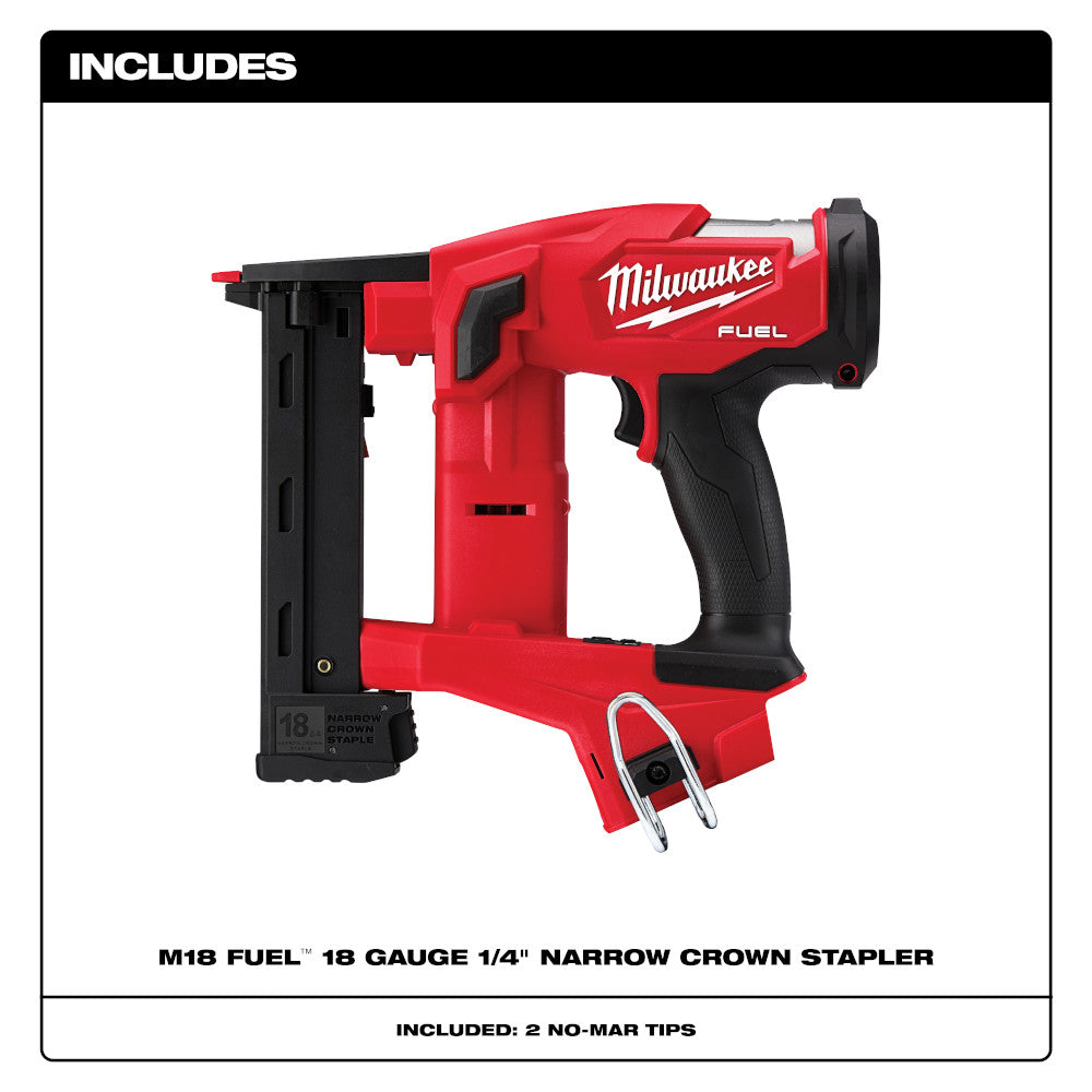 Red and black Milwaukee M18 FUEL cordless stapler with narrow crown design on white background.