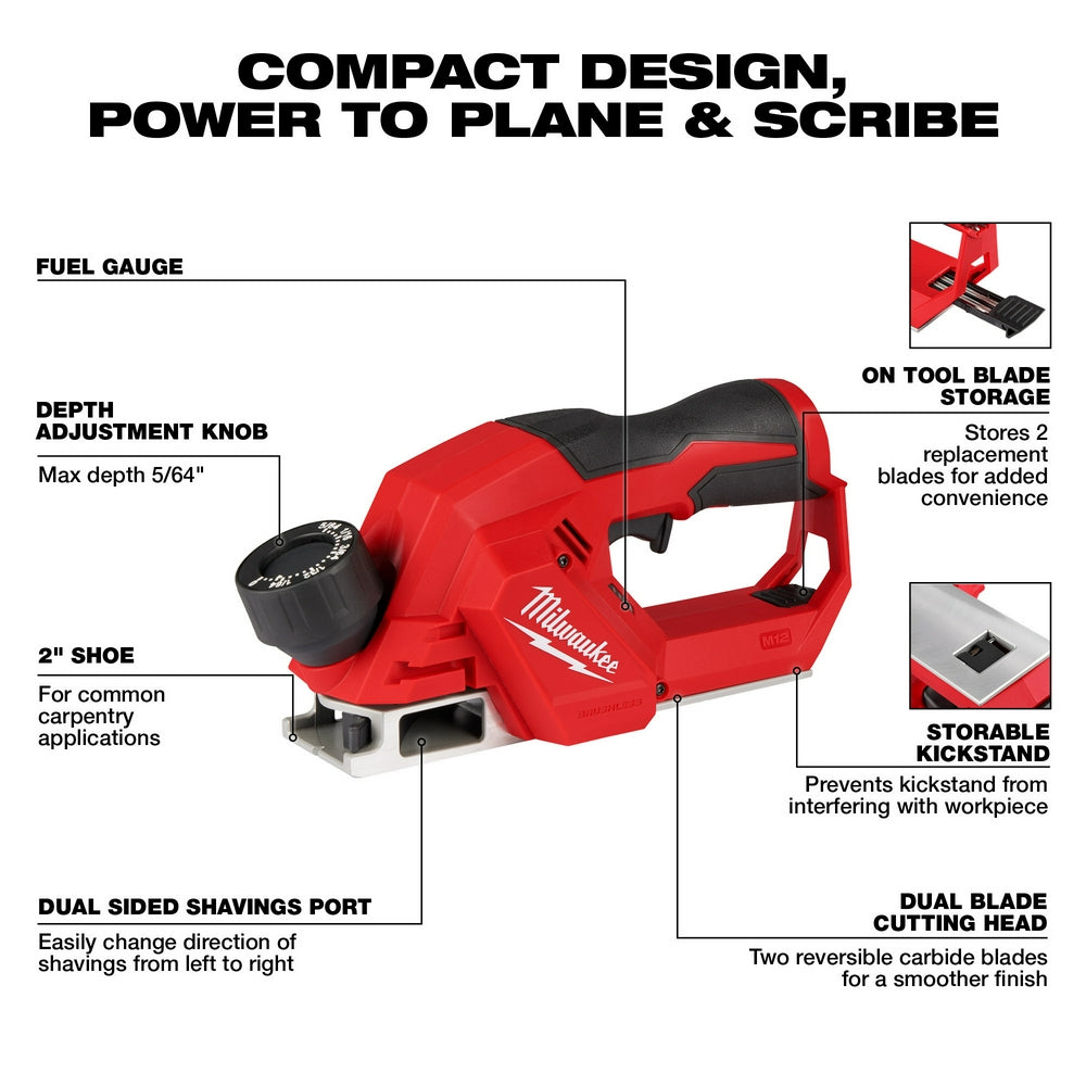 Milwaukee M12 brushless 2" planer with red housing, black grip, depth adjustment knob, and dual blade cutting head.