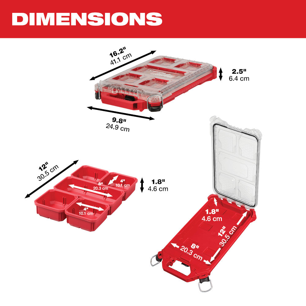 Red PACKOUT organizer with clear lid and removable compartments shown with dimension measurements.