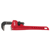 Red and black steel pipe wrench with adjustable jaw and grip holes along the handle.