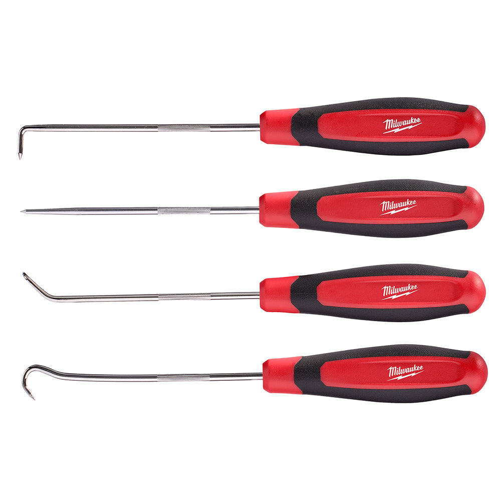 Four Milwaukee hooks and picks with red and black handles in varying shapes and sizes.