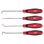 Four Milwaukee hooks and picks with red and black handles in varying shapes and sizes.