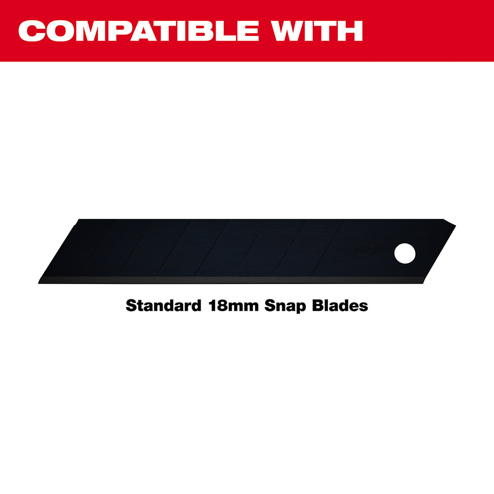 Black 18mm snap-off knife blade with segmented sections and white mounting hole.