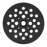 Black circular backing plate with textured surface, multiple white perforations arranged in pattern, and center mounting hole