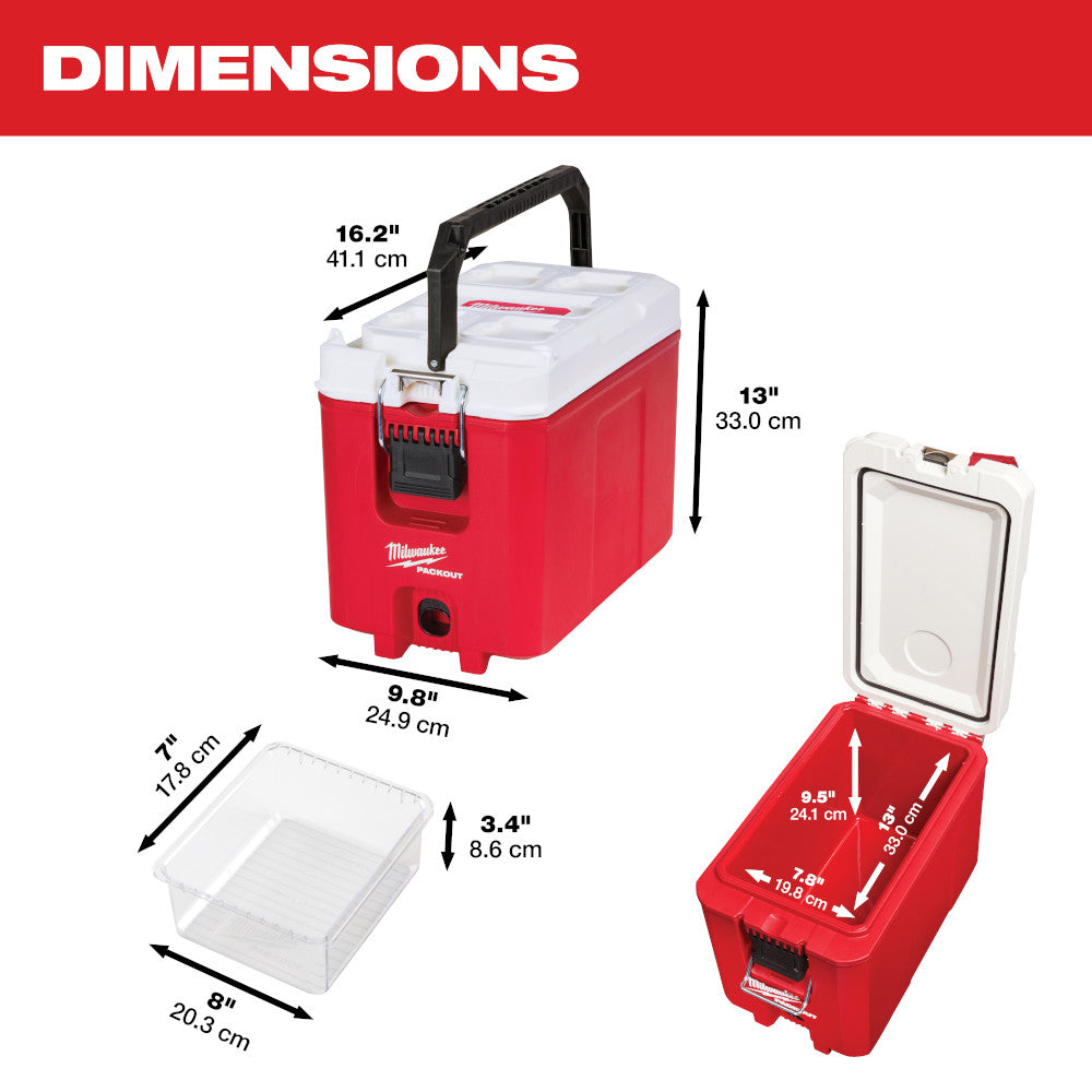 Red and white Milwaukee PACKOUT cooler with black carry handle, shown with dimensions and removable clear storage inserts.