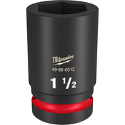 Black impact socket with 1 1/2" size marking, 6-point hexagonal opening, and red grip band near base.