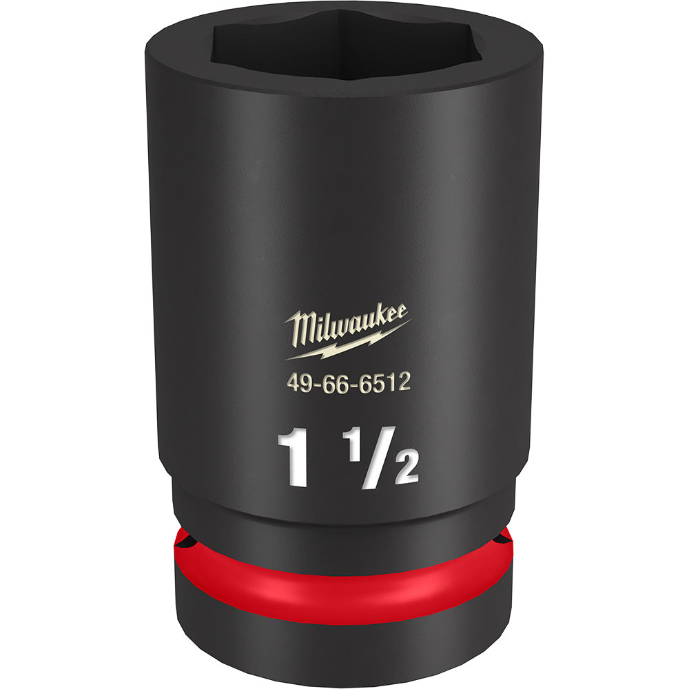 Black impact socket with 1 1/2" size marking, 6-point hexagonal opening, and red grip band near base.